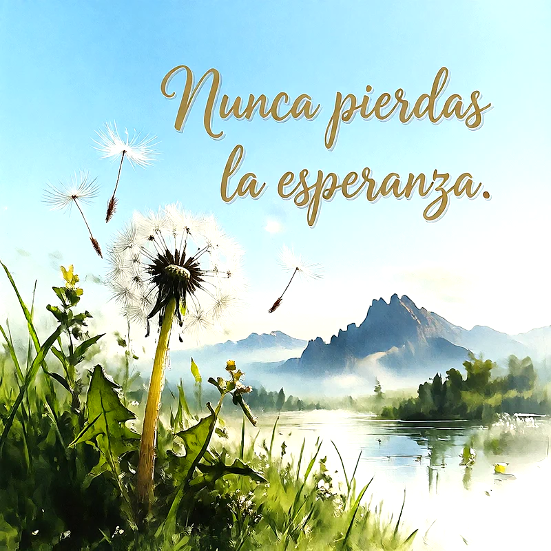 Diente de león con semillas al viento en un prado junto a un lago y montañas con mensaje de ánimo en letras doradas.