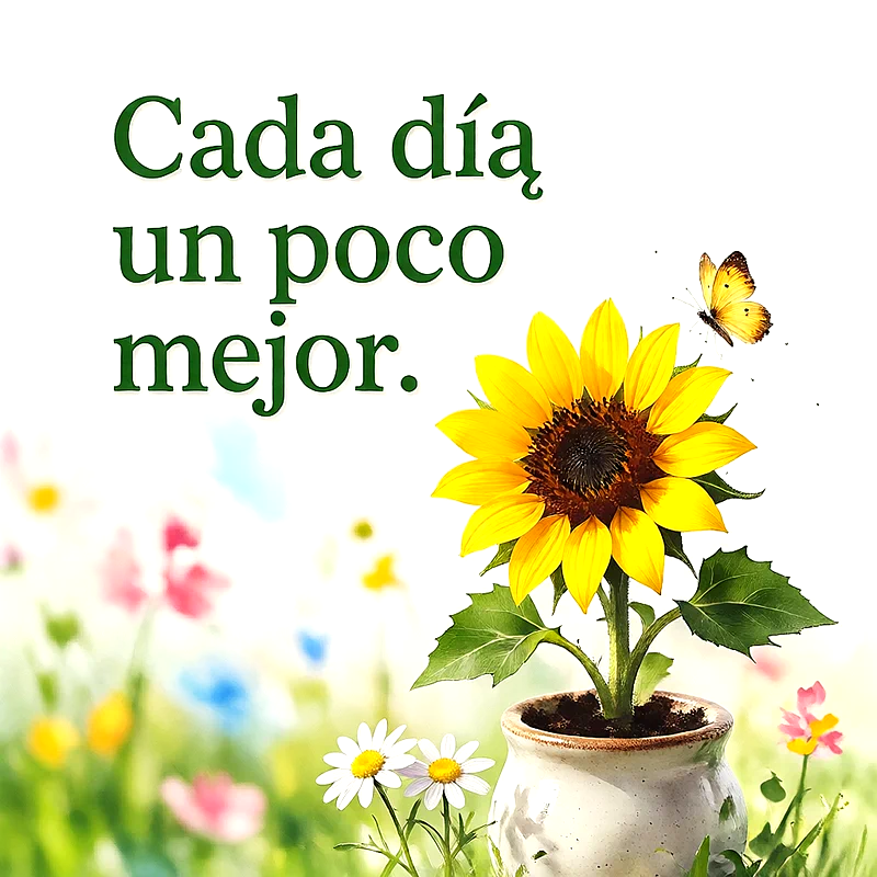 Girasol amarillo en maceta de cerámica con mariposa dorada y flores silvestres en el campo, mensaje de ánimo en letras verdes.