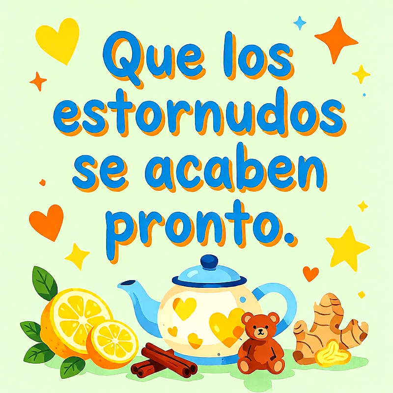 Ilustración con tetera, rodajas de limón, jengibre, canela y un pequeño oso de peluche sobre fondo claro, con mensaje de ánimo en letras azules.
