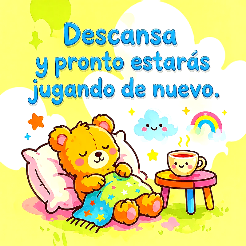Oso de peluche durmiendo en una cama con manta de estrellas, taza sonriente y arcoíris sobre fondo amarillo.