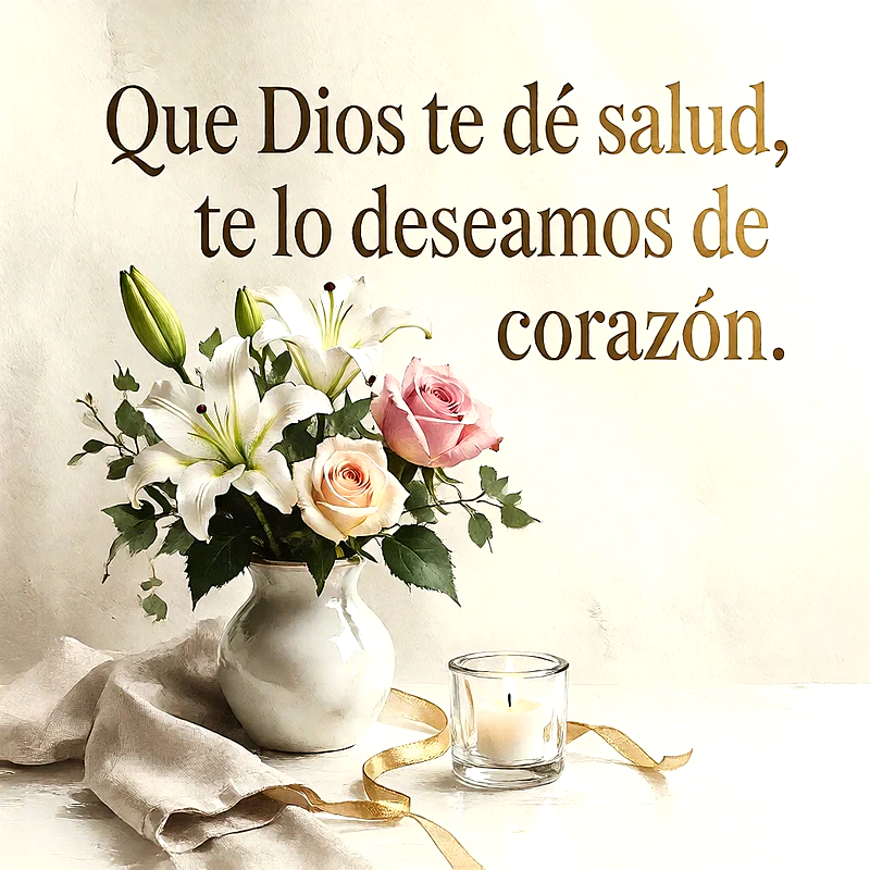 Florero cerámico con azucenas blancas y rosas junto a una vela encendida, con un mensaje de fe en letras doradas sobre fondo claro.