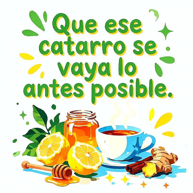 Ilustración con taza de té caliente, limones, tarro de miel y jengibre sobre fondo blanco con un mensaje de ánimo en letras verdes.