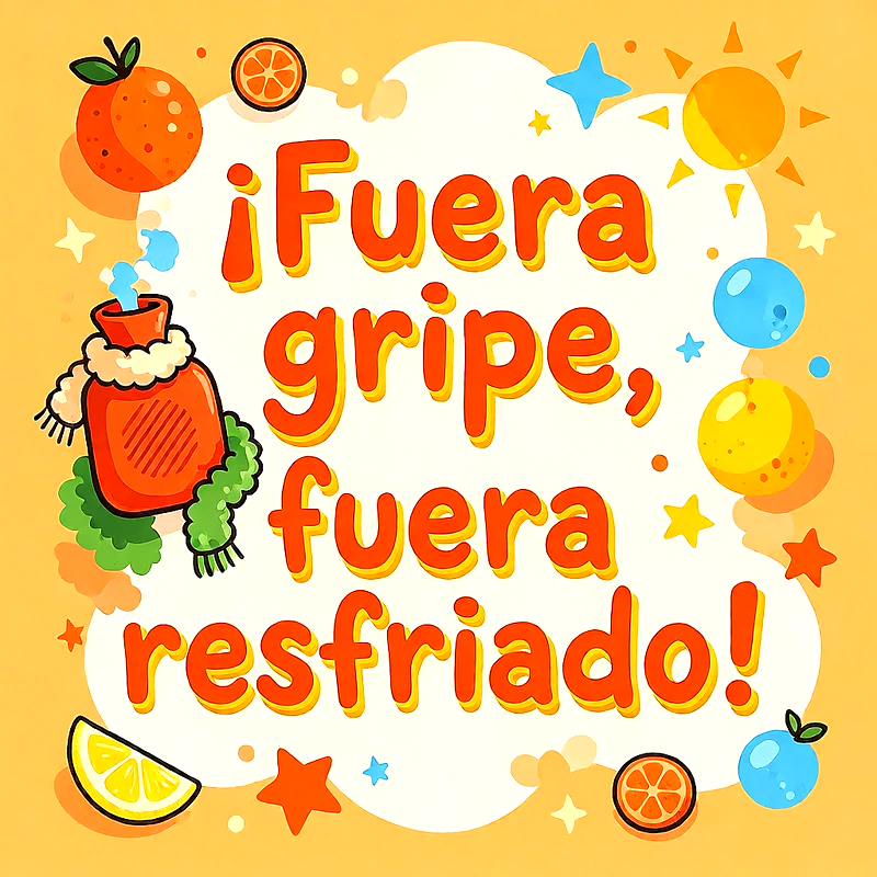 Ilustración colorida con bolsa de agua caliente con bufanda, naranjas, limones y sol brillante sobre fondo amarillo, con mensaje de recuperación.