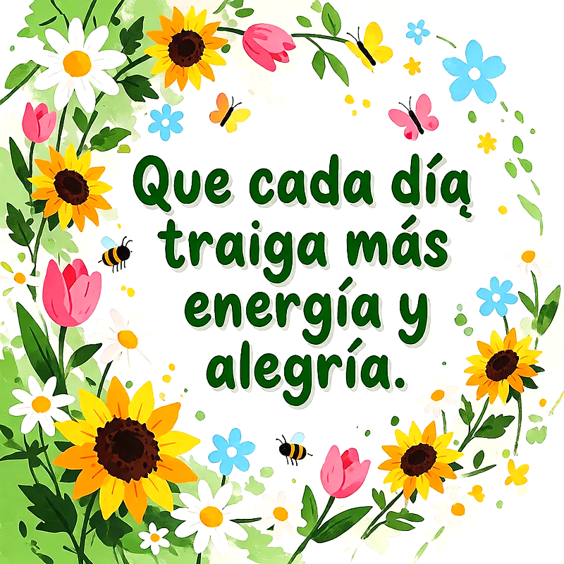 Marco circular con girasoles amarillos, margaritas blancas, mariposas y abejas con mensaje de ánimo en letras verdes sobre fondo claro.