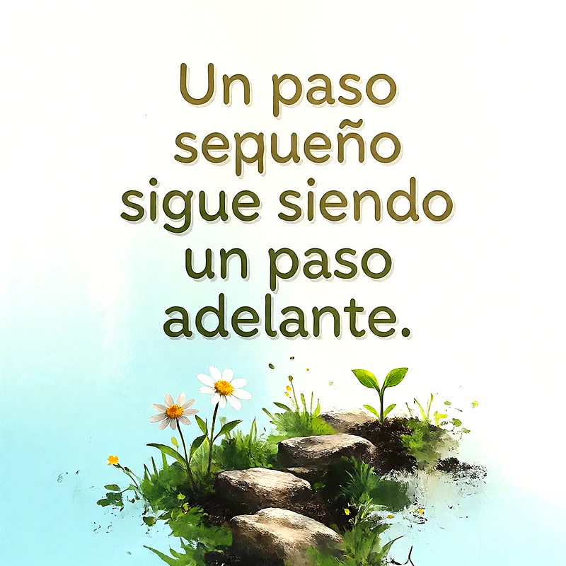Piedras en fila con hierba verde, margaritas blancas y un brote pequeño sobre fondo claro, con mensaje de ánimo en letras verdes.