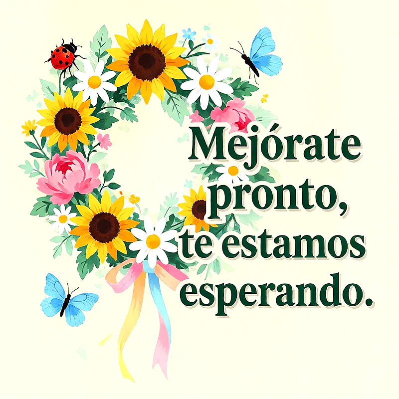 Corona floral con girasoles, margaritas, mariposas azules, mariquita y lazo de colores, con mensaje de 찼nimo en letras verdes oscuras.