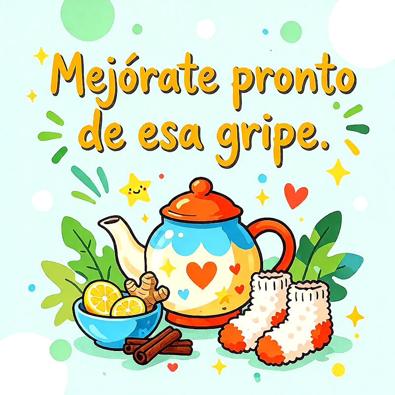 Tetera ilustrada con corazones junto a rodajas de limón, jengibre, canela y calcetines abrigados sobre fondo celeste con mensaje en letras amarillas.