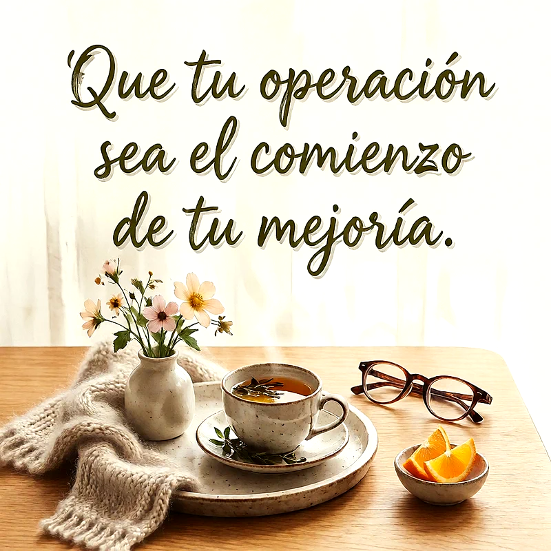 Taza de té caliente sobre una mesa de madera con un florero pequeño, gafas y rodajas de naranja, con mensaje de ánimo en letras verdes.