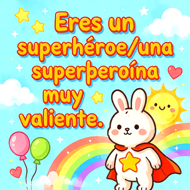 Conejito blanco con capa roja, arcoíris, sol sonriente, globos y estrellas con mensaje de aliento infantil en letras amarillas.