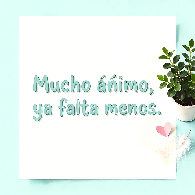 Tarjeta blanca con mensaje de ánimo en letras celestes, acompañada de una pequeña planta verde, un corazón rosa y una pluma blanca sobre fondo menta.