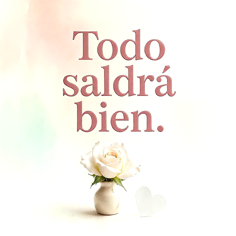 Rosa blanca en pequeño florero con corazón blanco sobre fondo claro y mensaje de aliento en letras rosadas.