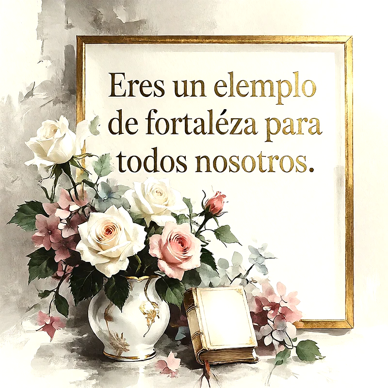 Cuadro dorado con mensaje de fortaleza en letras doradas, junto a un florero con rosas blancas y rosas, un libro y fondo claro.