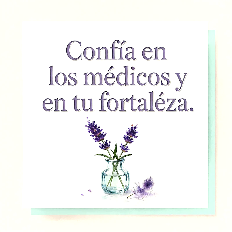 Tarjeta blanca con florero de cristal con lavanda y pluma lila, acompañada de mensaje de ánimo en letras moradas.