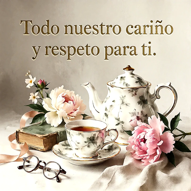 Juego de té de porcelana con tetera, taza, flores rosas, un libro antiguo y gafas sobre fondo claro con mensaje de ánimo en letras doradas.