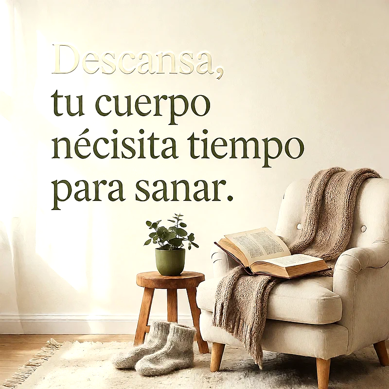 Sillón beige acogedor con manta, libro abierto, calcetines de lana y planta en taburete de madera con mensaje de ánimo.