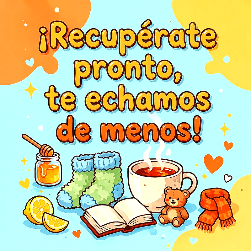 Ilustración con taza de infusión humeante, miel, limones, calcetines de lana, libro, bufanda y un pequeño oso de peluche con mensaje de ánimo.