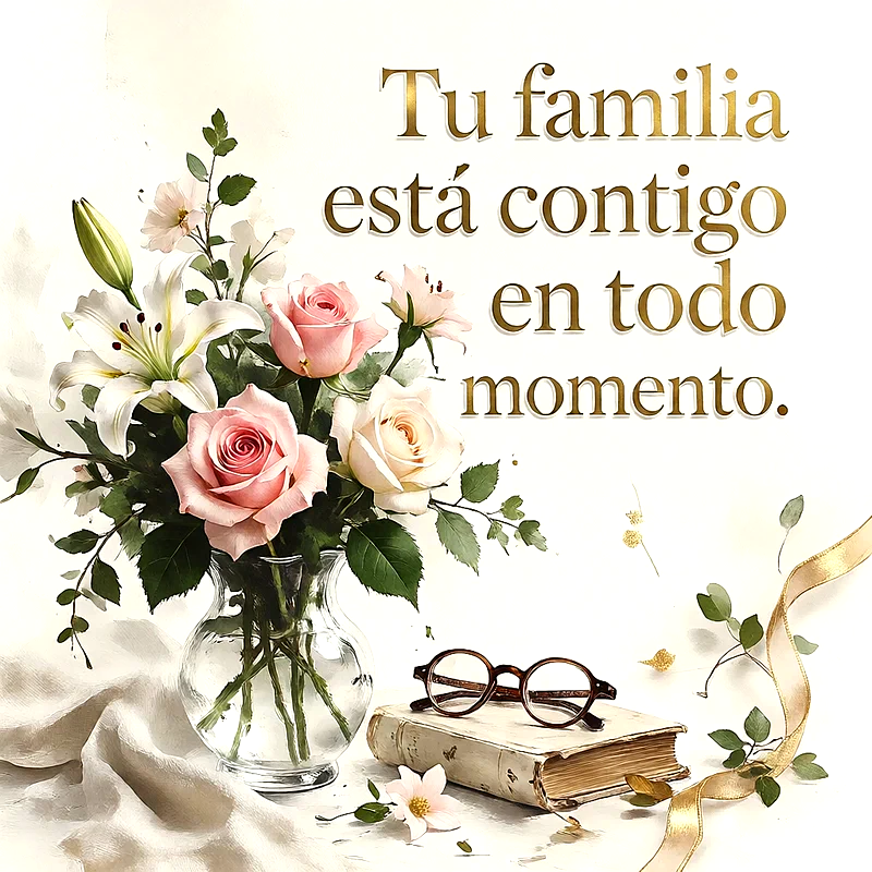 Florero de cristal con rosas rosas, blancas y lirios junto a un libro, lentes y una cinta dorada, mensaje de ánimo en letras doradas.