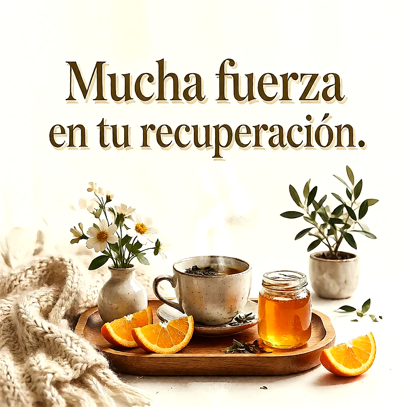 Taza de té caliente, tarro de miel, rodajas de naranja fresca y flores blancas sobre una bandeja de madera, mensaje de ánimo en letras oscuras.