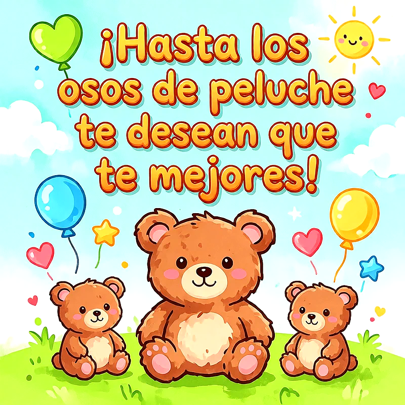 Tres tiernos osos de peluche sentados en el césped con globos de colores, sol sonriente y un mensaje de ánimo en letras anaranjadas.