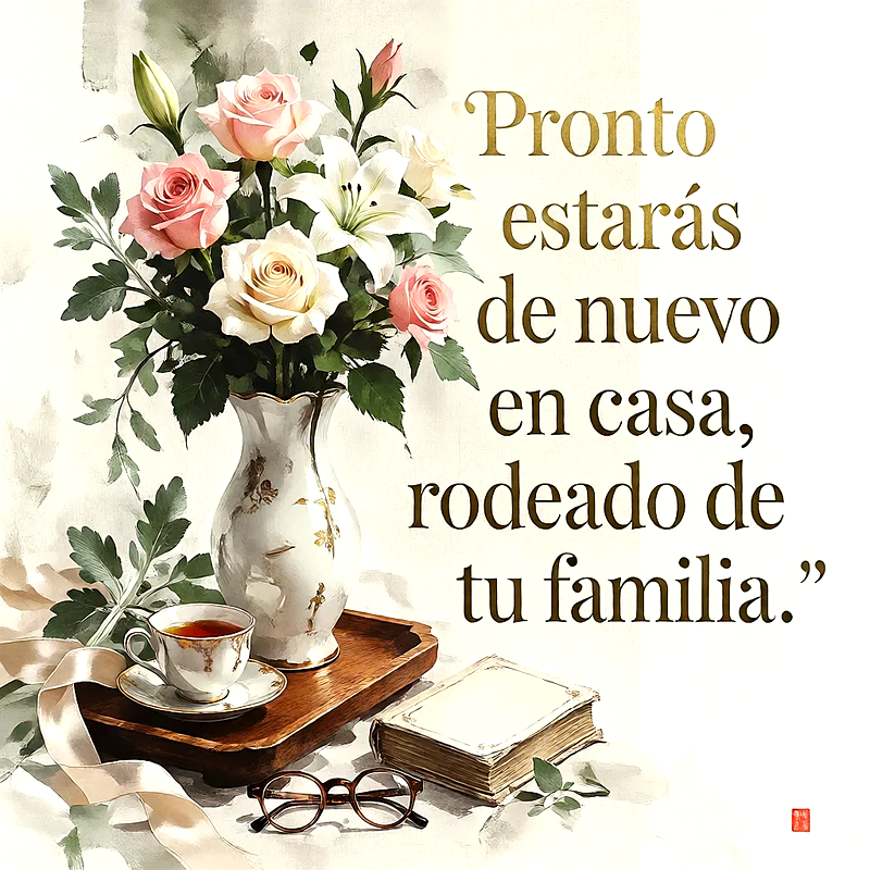 Jarrón clásico con rosas rosadas, azucenas blancas, taza de té sobre bandeja de madera, libro y gafas con mensaje dorado.
