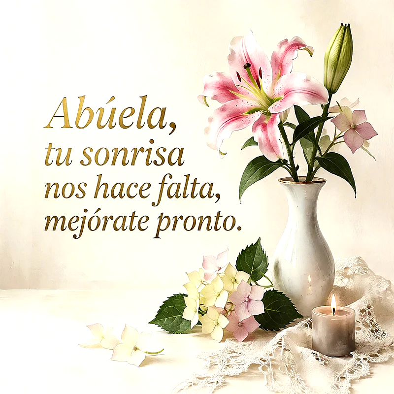 Jarrón con lirios rosados y flores pequeñas junto a una vela encendida y encaje blanco, mensaje de ánimo para abuela en letras doradas sobre fondo claro.
