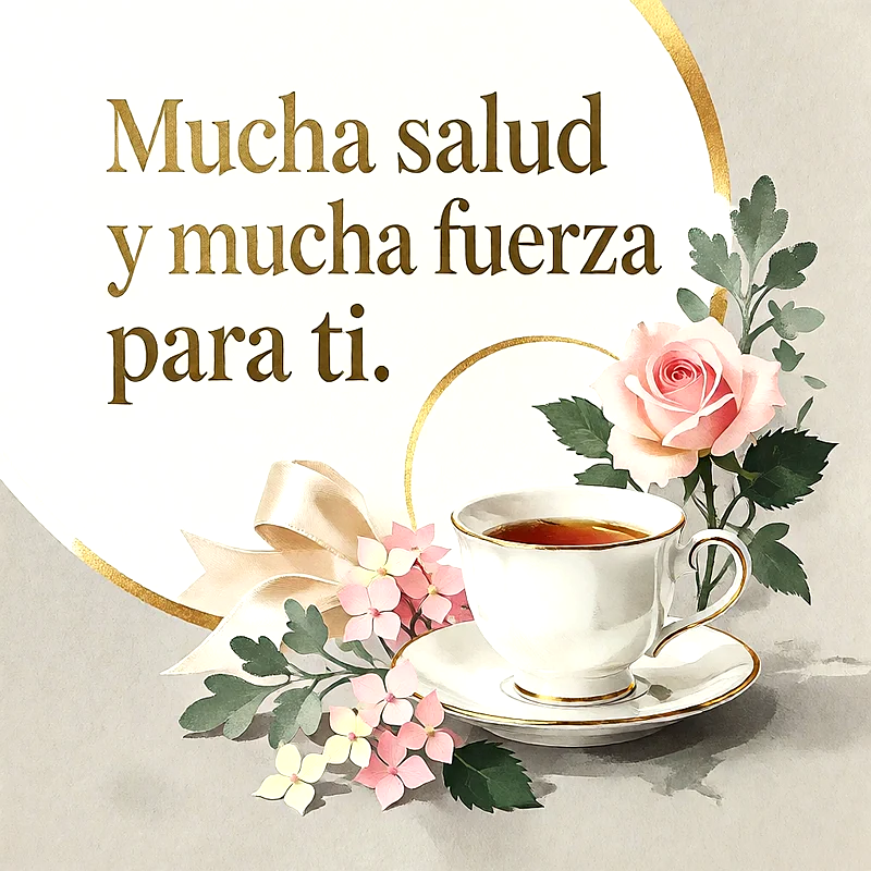 Taza de té con borde dorado, rosa rosada, lazo y mensaje de salud y fortaleza sobre fondo claro.