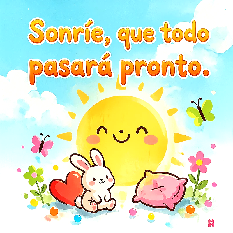 Ilustración infantil con un sol sonriente, un conejito blanco, una almohada rosa y mariposas sobre un fondo de cielo azul claro, con un mensaje de ánimo en letras naranjas.