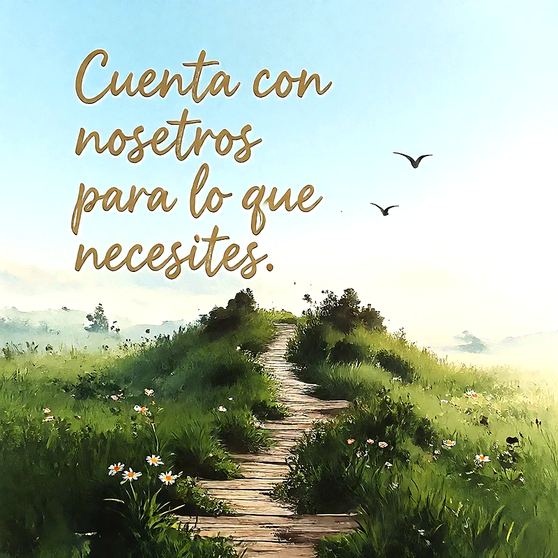 Sendero de madera en una colina verde con flores silvestres, aves en el cielo celeste y mensaje de apoyo en letras doradas.
