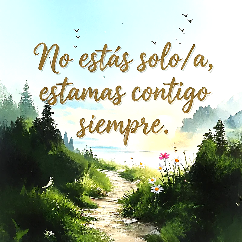 Camino de tierra rodeado de vegetación verde, flores silvestres y mar iluminado al amanecer, con mensaje de aliento en letras doradas.
