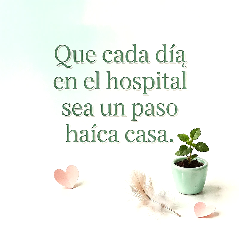 Fondo blanco con pequeña maceta verde, pluma suave, dos corazones de papel rosa y mensaje de apoyo en letras verdes.
