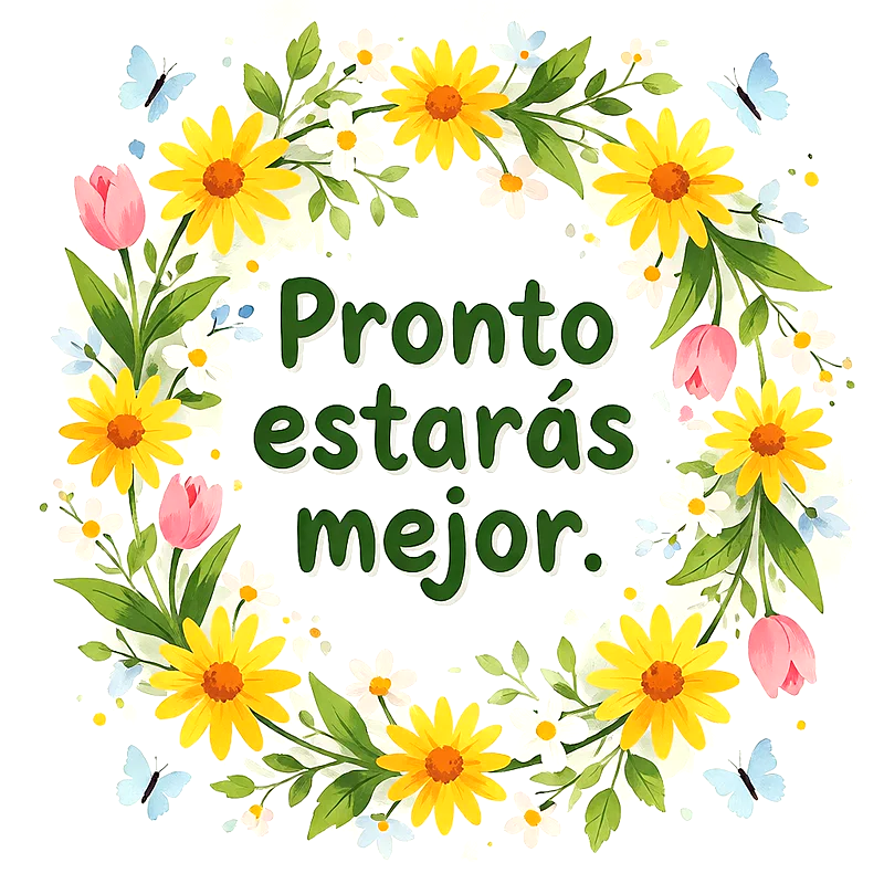 Corona circular de girasoles amarillos, tulipanes rosas y mariposas azules, con un mensaje de ánimo en letras verdes sobre fondo blanco.