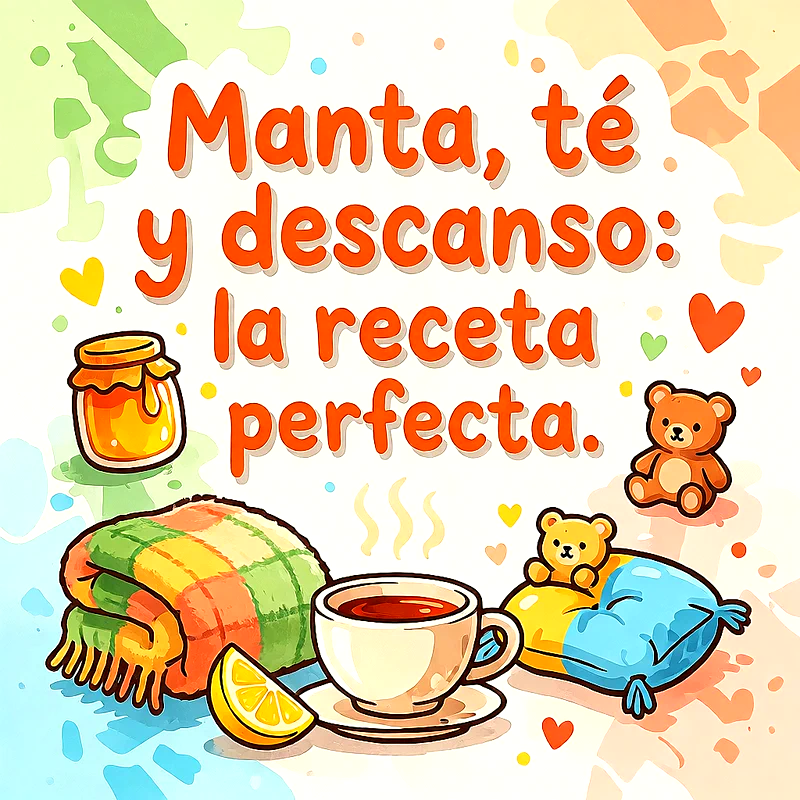 Ilustración con taza de infusión humeante, manta doblada, rodaja de limón, tarro de miel, cojín y ositos con mensaje en letras anaranjadas.