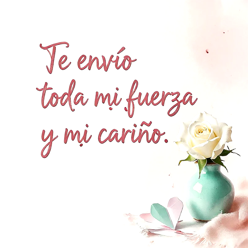 Rosa blanca dentro de un pequeño florero turquesa con corazones de papel al lado y un mensaje de apoyo en letras rosadas.