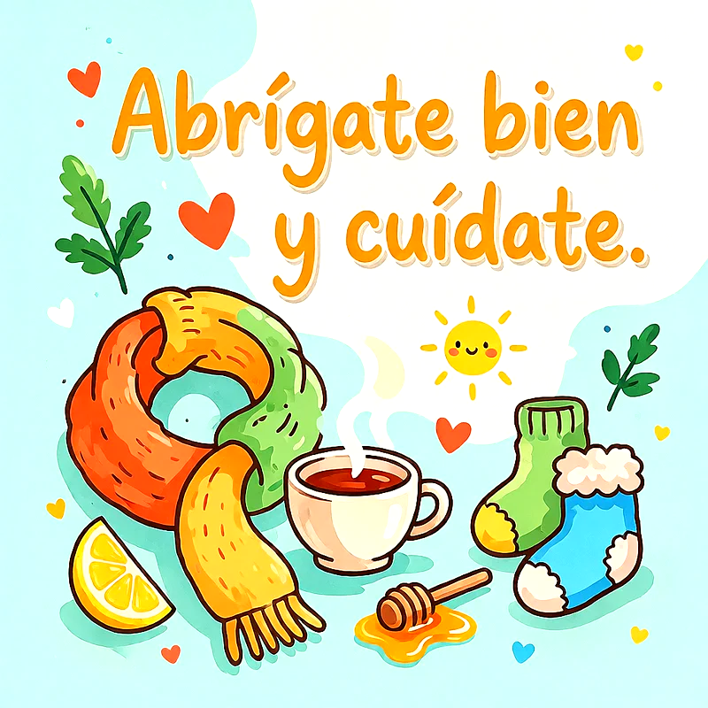 Ilustración con taza de té caliente, bufanda tejida, calcetines abrigados, limón, miel y corazones con mensaje de ánimo en letras naranjas.