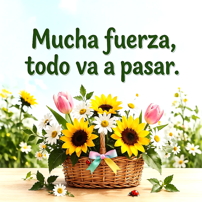 Cesta de mimbre con girasoles, margaritas blancas y tulipanes rosas sobre mesa de madera, mensaje de ánimo en letras verdes oscuras.
