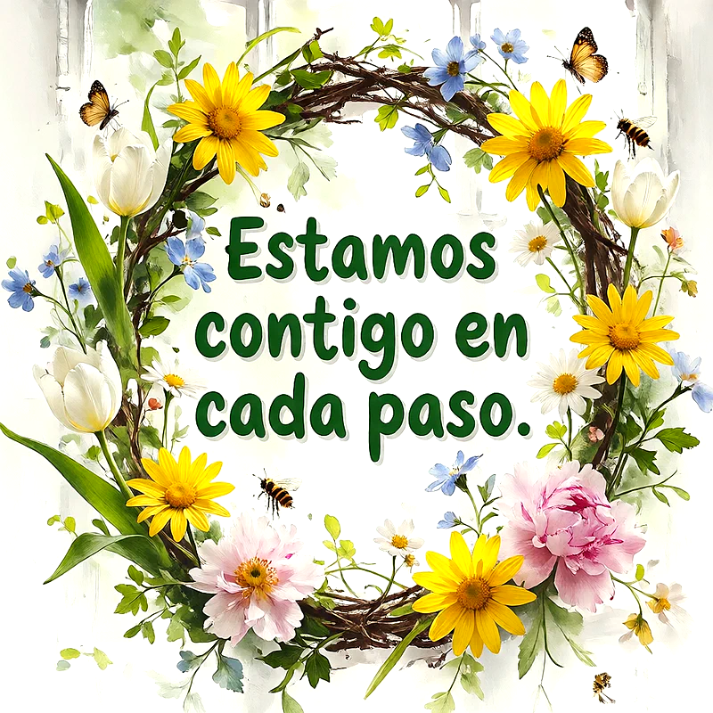 Corona circular de ramas con flores amarillas, tulipanes blancos, peonías rosas, mariposas y abejas, con mensaje de apoyo en letras verdes.