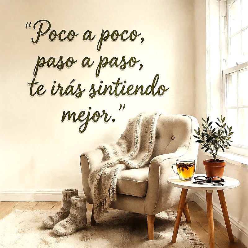 Sillón acogedor con manta, taza de té en mesa auxiliar y plantas, junto a un mensaje de ánimo en letras verdes.