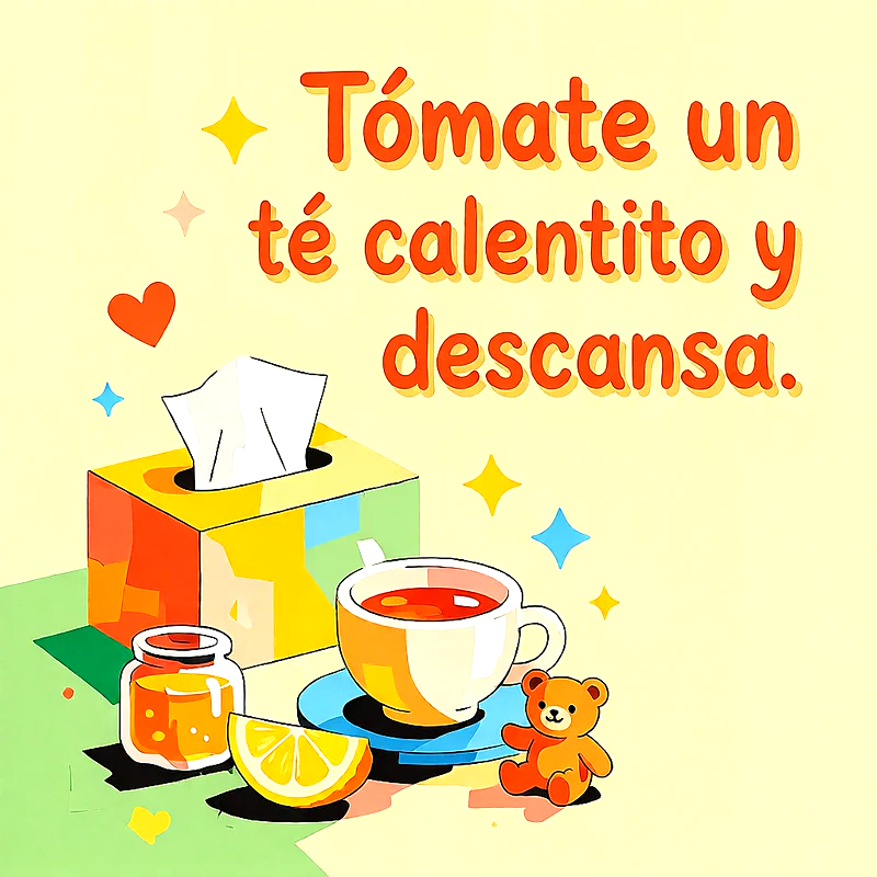 Ilustración con taza de té, rodaja de limón, frasco de miel, caja de pañuelos y un osito sobre fondo amarillo cálido.