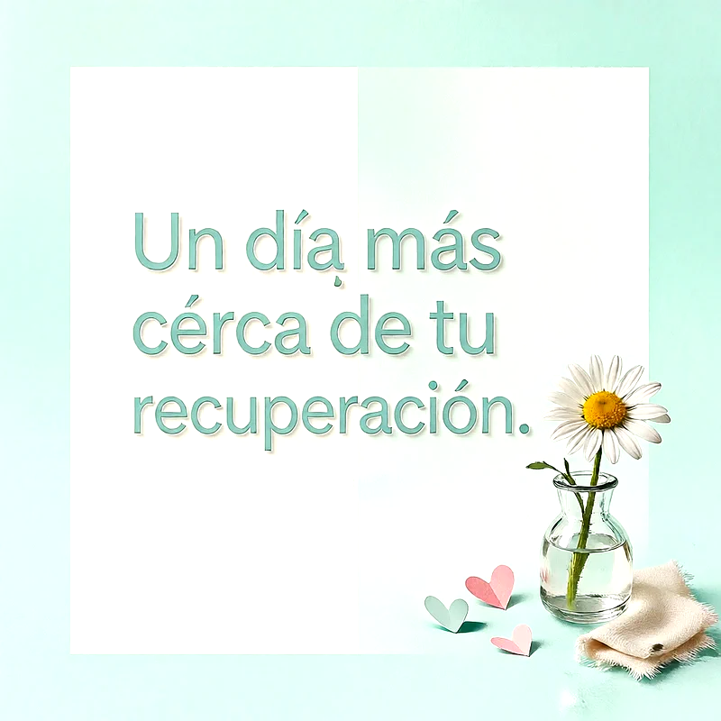Fondo menta y blanco con flor de margarita en un florero de cristal, pequeñísimos corazones de papel y mensaje en letras verdes.