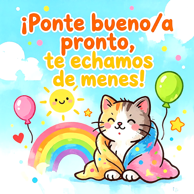 Gatito tierno envuelto en manta junto a un arcoíris, sol sonriente, globos de colores y mensaje de apoyo en letras naranjas.