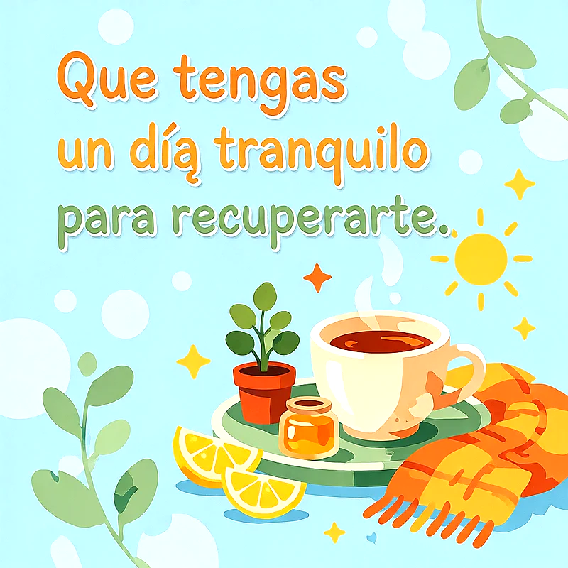 Taza de té caliente con miel, rodajas de limón, bufanda naranja, planta pequeña y sol sobre fondo azul celeste.