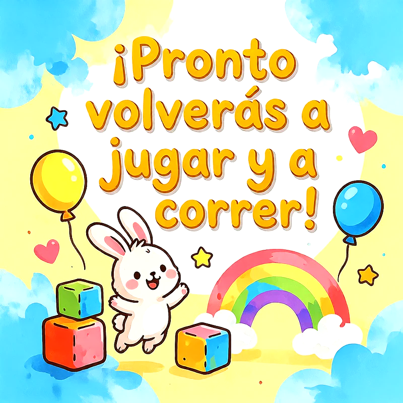 Ilustración infantil con conejito blanco saltando, arcoíris, globos de colores, dados de juguete y mensaje de aliento en letras amarillas.