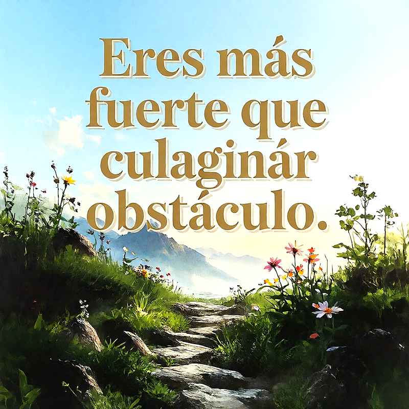 Paisaje natural con un camino de piedras, flores silvestres, montañas al fondo y cielo claro, con mensaje de ánimo en letras doradas.