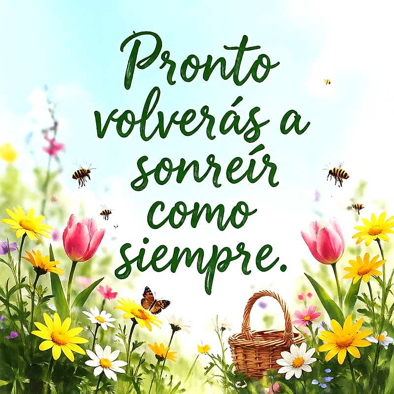 Prado con margaritas amarillas y blancas, tulipanes rosados, abejas, mariposa y cesta de mimbre con mensaje de ánimo en letras verdes.