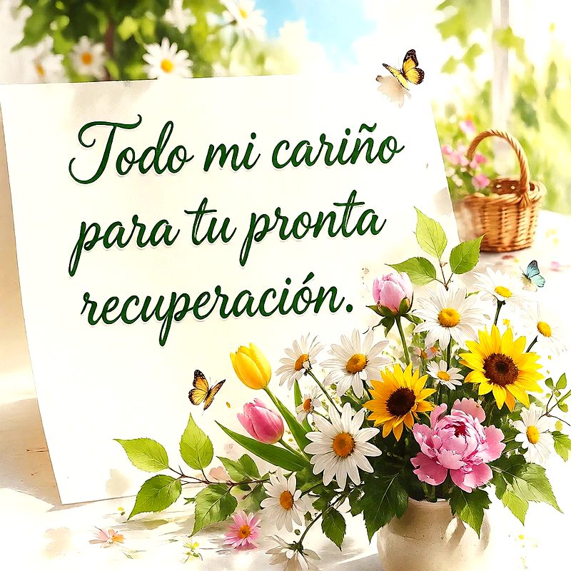 Cartel blanco con mensaje de ánimo verde junto a un florero con margaritas, girasoles, tulipanes y mariposas revoloteando.