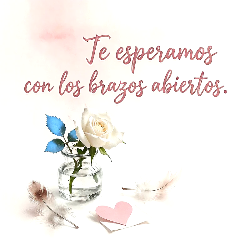 Rosa blanca en frasco de vidrio con hojas azules, plumas suaves y un corazón rosa, sobre fondo claro con mensaje de ánimo.