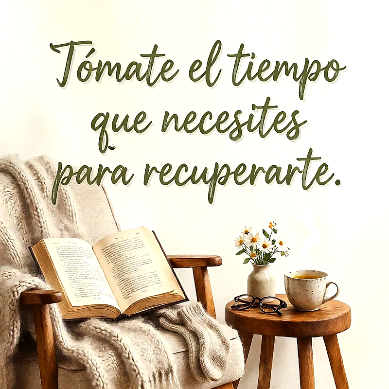 Sillón de madera con manta tejida y libro abierto, junto a mesa con taza de té, gafas y flores, con mensaje de recuperación en letras verdes.