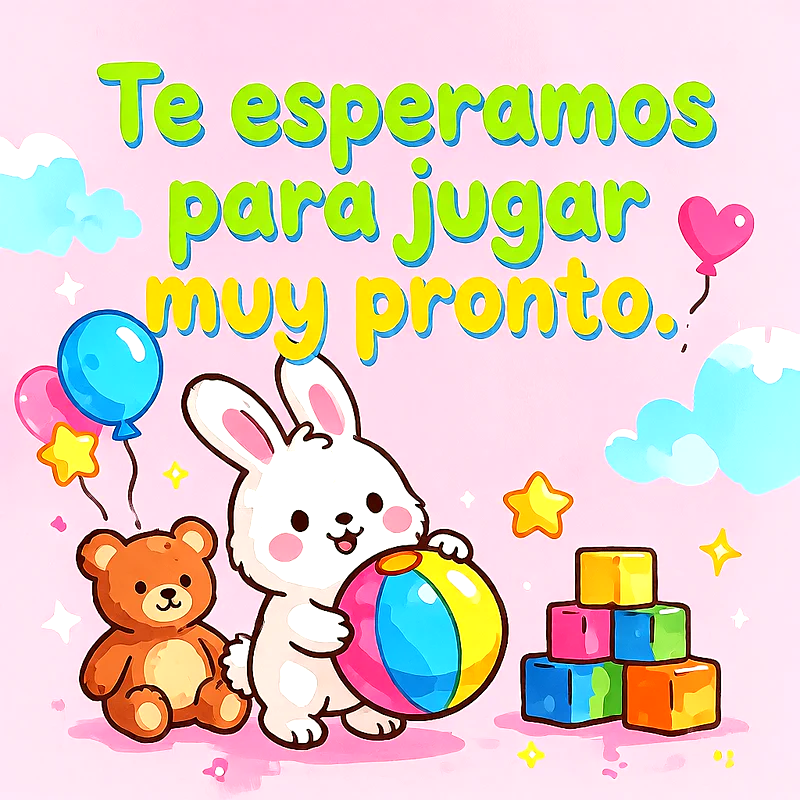 Ilustración infantil con un conejito blanco jugando con una pelota junto a un oso de peluche y cubos de colores sobre un fondo rosa suave, mensaje de ánimo.