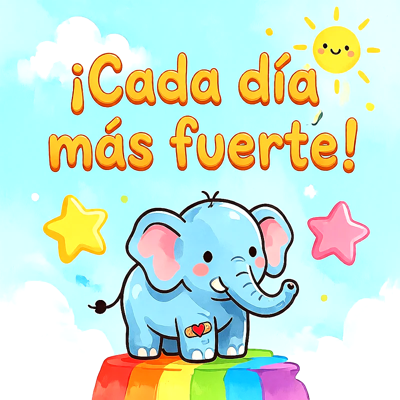Ilustración infantil de un elefante azul con una tirita en forma de corazón, sobre un arcoíris con sol y estrellas, mensaje de ánimo en letras naranjas.