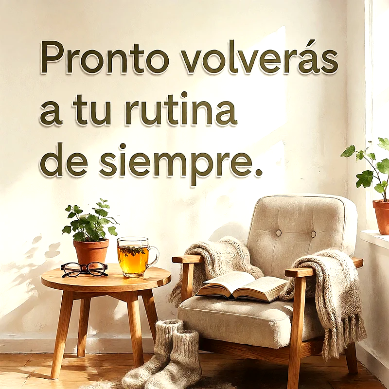 Sillón acogedor con manta, libro abierto, botas de lana y mesita con infusión y planta, con mensaje de ánimo en letras marrones.